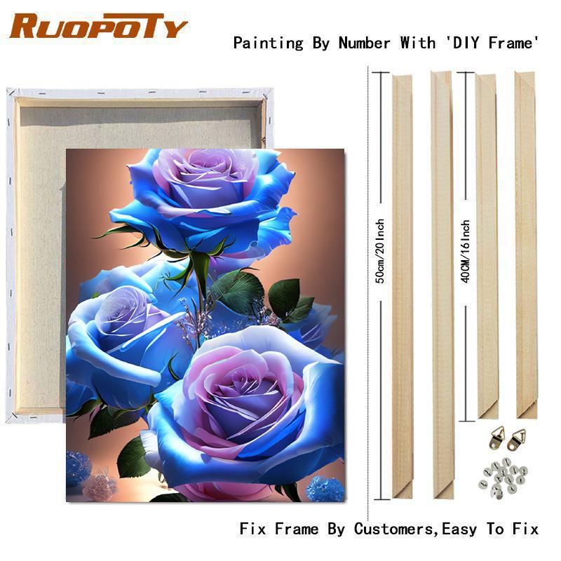 RUOPOTY Картина по номерам своими руками с рамкой, акриловая краска на холсте, картина по номерам для взрослых, стартовые наборы, 40x50 см, синяя роза