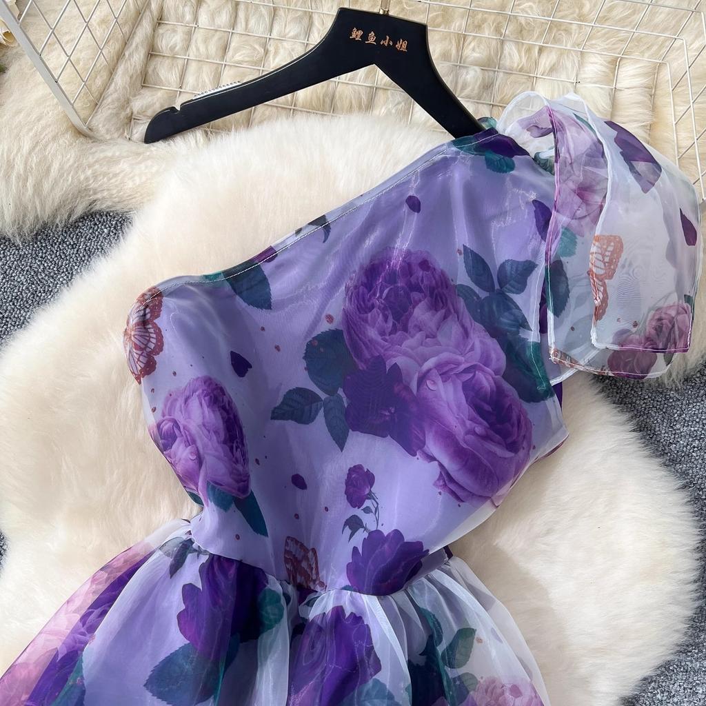 Летнее великолепное платье из органзы с цветочным принтом, женское платье на одно плечо с бантом и цветочным принтом, с высокой талией, в стиле бохо, с длинным разрезом