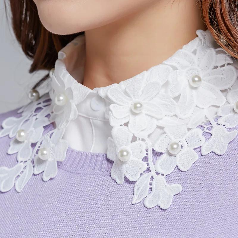 Linbaiway Women Embroidered Lace Tie Detachable Collars Floral Sweater Lapel Fake False Collar Female White Button Blouse Tops