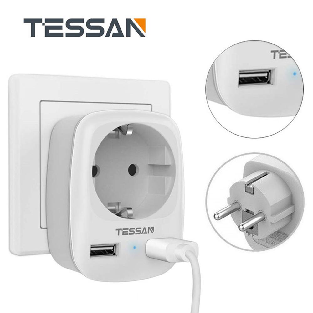 Tessan Компактная розетка с 2 портами USB, адаптером европейского стандарта 3 в 1 с защитой от перегрузки для офиса, дома, путешествий