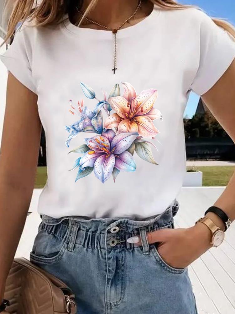 (Asian Size) Short Sleeve T-shirts Clothing Fashion Print T Female Travel Flower Casual Women's Top Graphic Tee