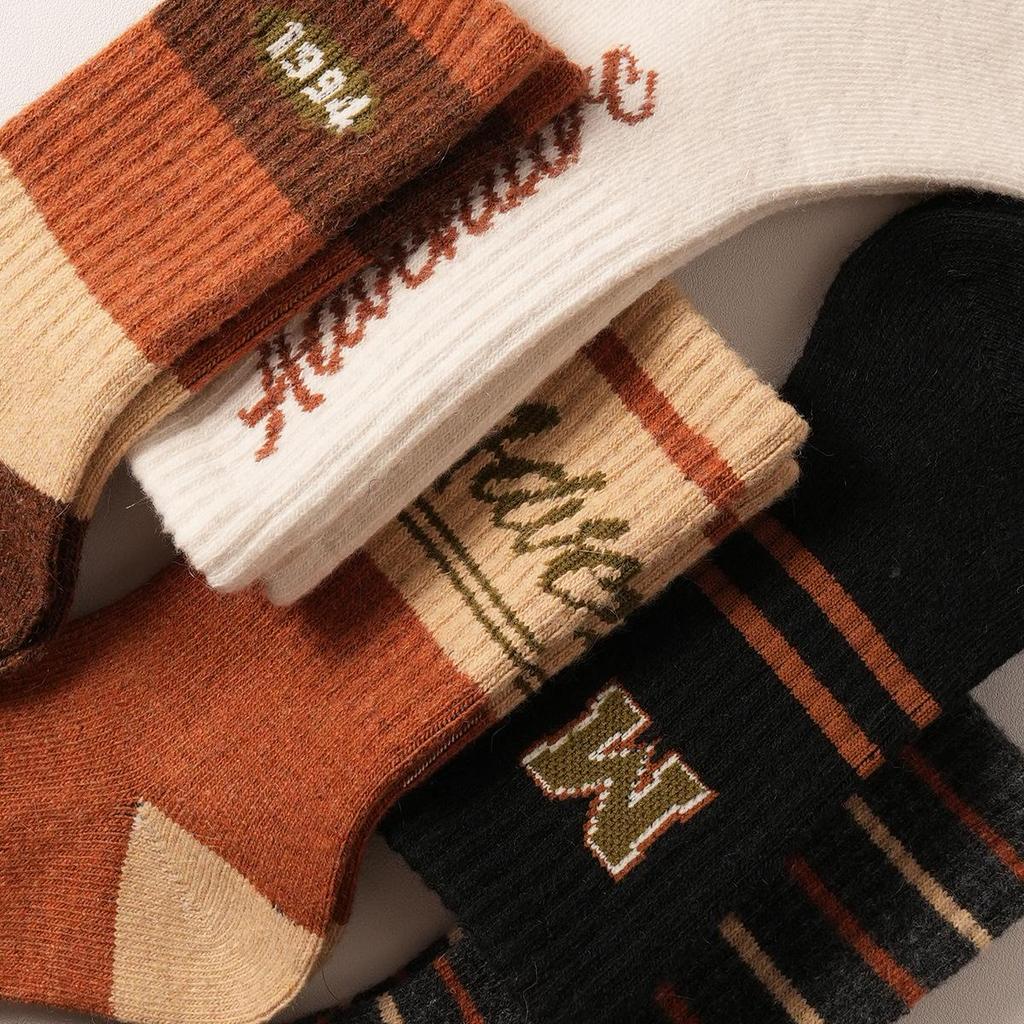 Women's Wool Socks - New Autumn/Winter Korean Striped Mid-Tube with Lettering, Heat-Storage, Warm, Trendy Pile Socks