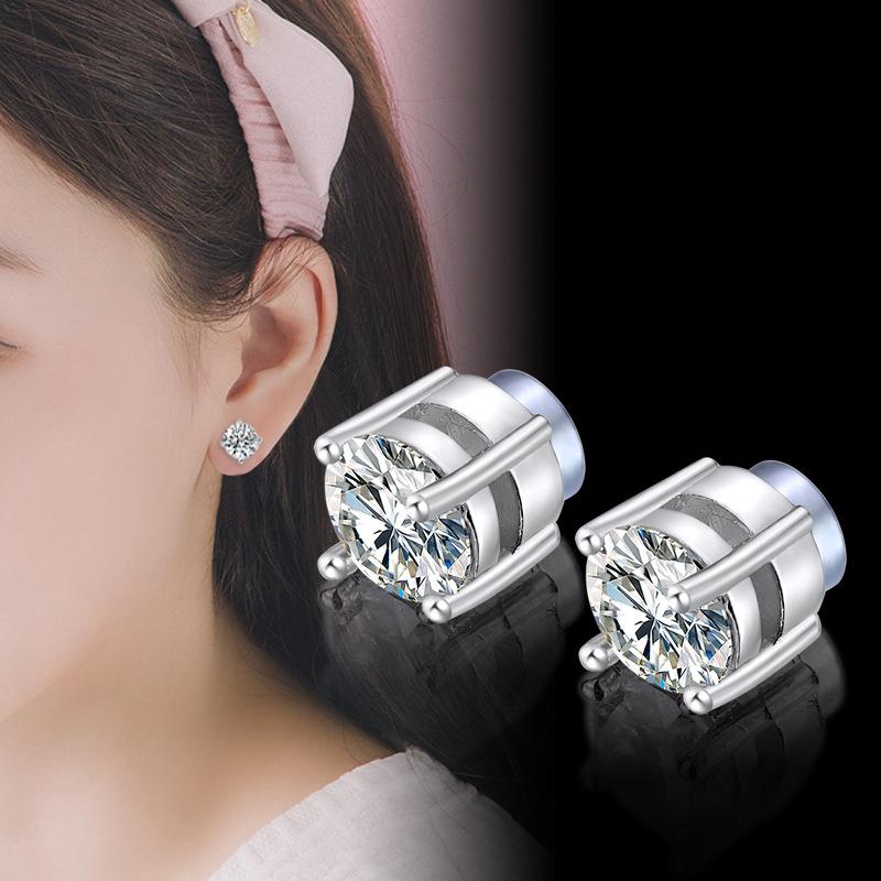 Pure Four-claw Round Magnet Zircon Earrings, Iron Stone, No Ear Piercings for Men and Women