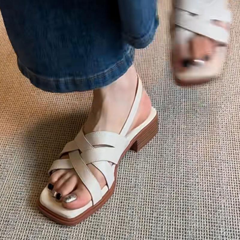 Sheepskin version~ Leather square head cross-strapped shoes for women's summer wear literary and retro woven thick-heeled sandals