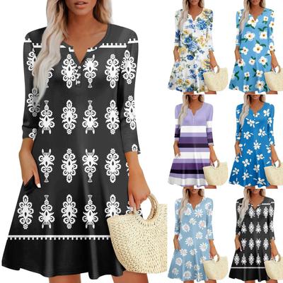 Женское летнее платье, свободное платье с V-образным вырезом, рукавом три четверти и карманами