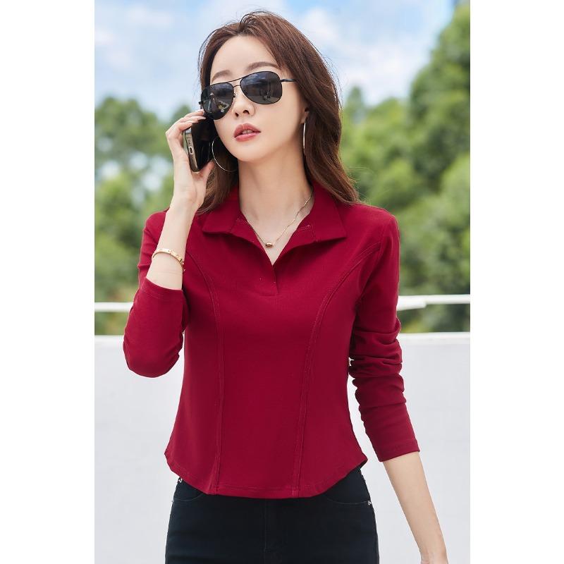 Autumn Ladies Solid Colour Lapel Long Sleeve T-Shirt
