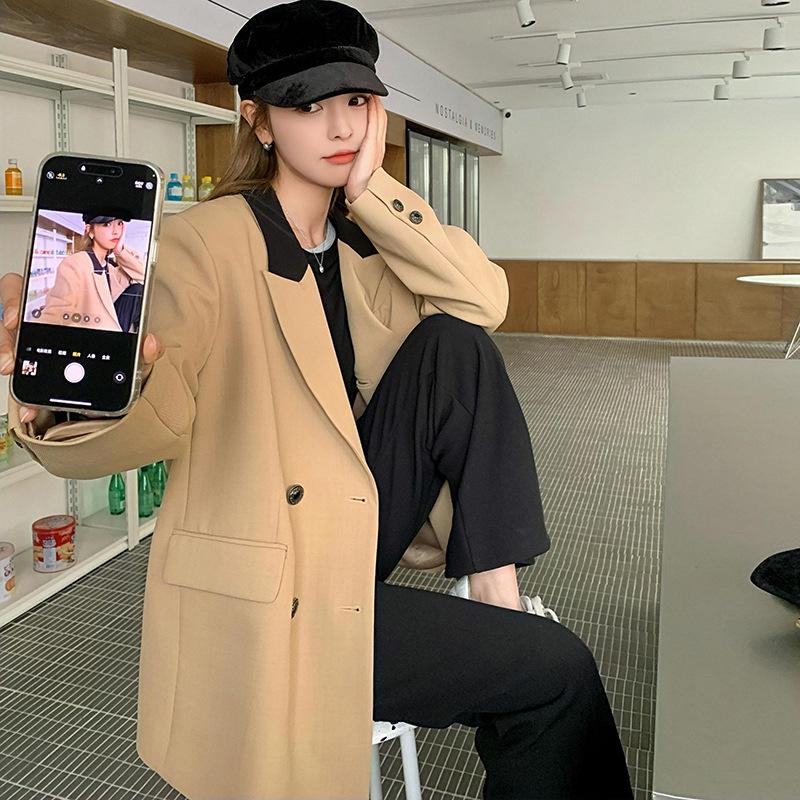 Ins Korean Casual Style Loose Slim Commuting Contrast Small Suit Jacket Women's Spring and Autumn Khaki Suit