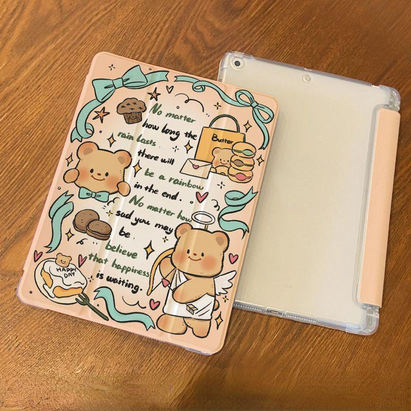 For iPad Air5 Case Cartoon Butter Bear Pattern iPad Smart Tri-Fold Case for iPad Air6 11 13 Pro2024 11 13 Pro2021 2018 12.9 with Pencil Holder