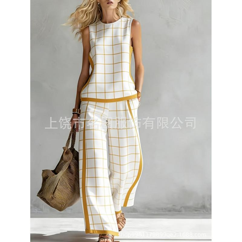 European, American Bohemian fashion contrasting colors 1D digital printing printing retro casual top set