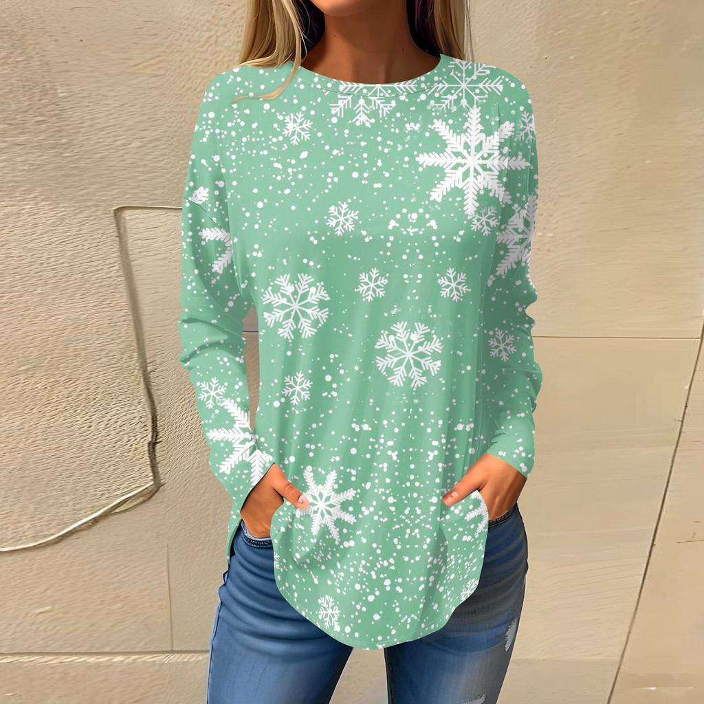 Футболки для женщин, осенние повседневные рубашки с длинным рукавом, толстовки с винтажным графическим принтом, топы, пуловеры, рождественские