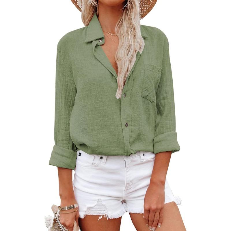 Женская новая весенне-летняя повседневная рубашка с V-образным вырезом и длинными рукавами на пуговицах