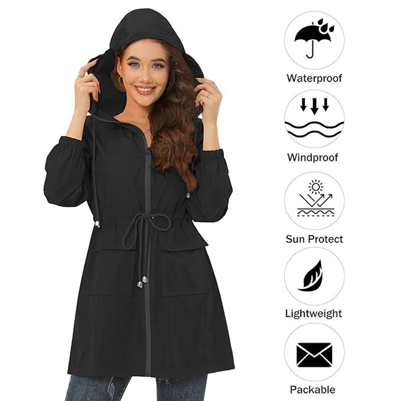 Rain Jacket for Women Waterproof with Hood Active Outdoor Long Rain Coats Packable Raincoat Lightweight Windbreaker