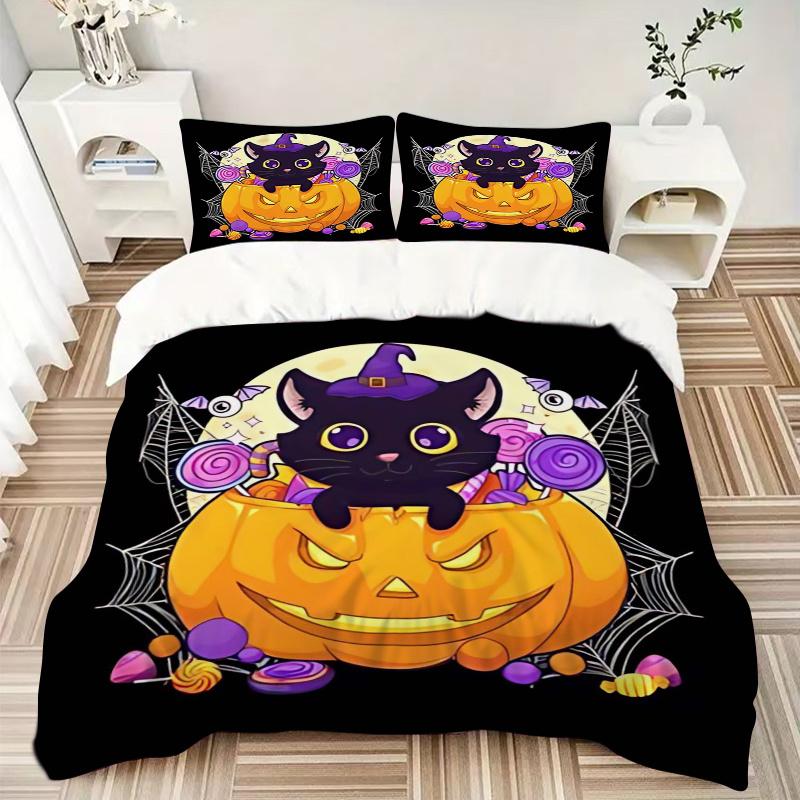 3 шт. Мультяшный набор постельного белья "Кошка и Тыква Trick or Treat", Включая 1 пододеяльник и 2 наволочки, Без наполнителя, Мягкая и удобная домашняя кровать