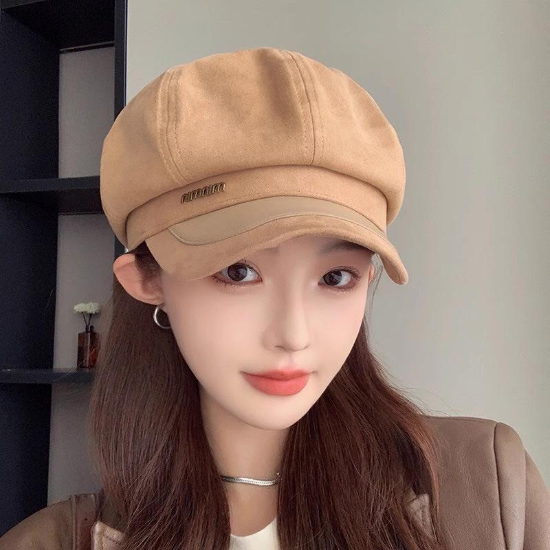 Japan and South Korea autumn and winter new suede splicing fashion octagonal hat children show their faces small newsboy hat versatile painter hat ti