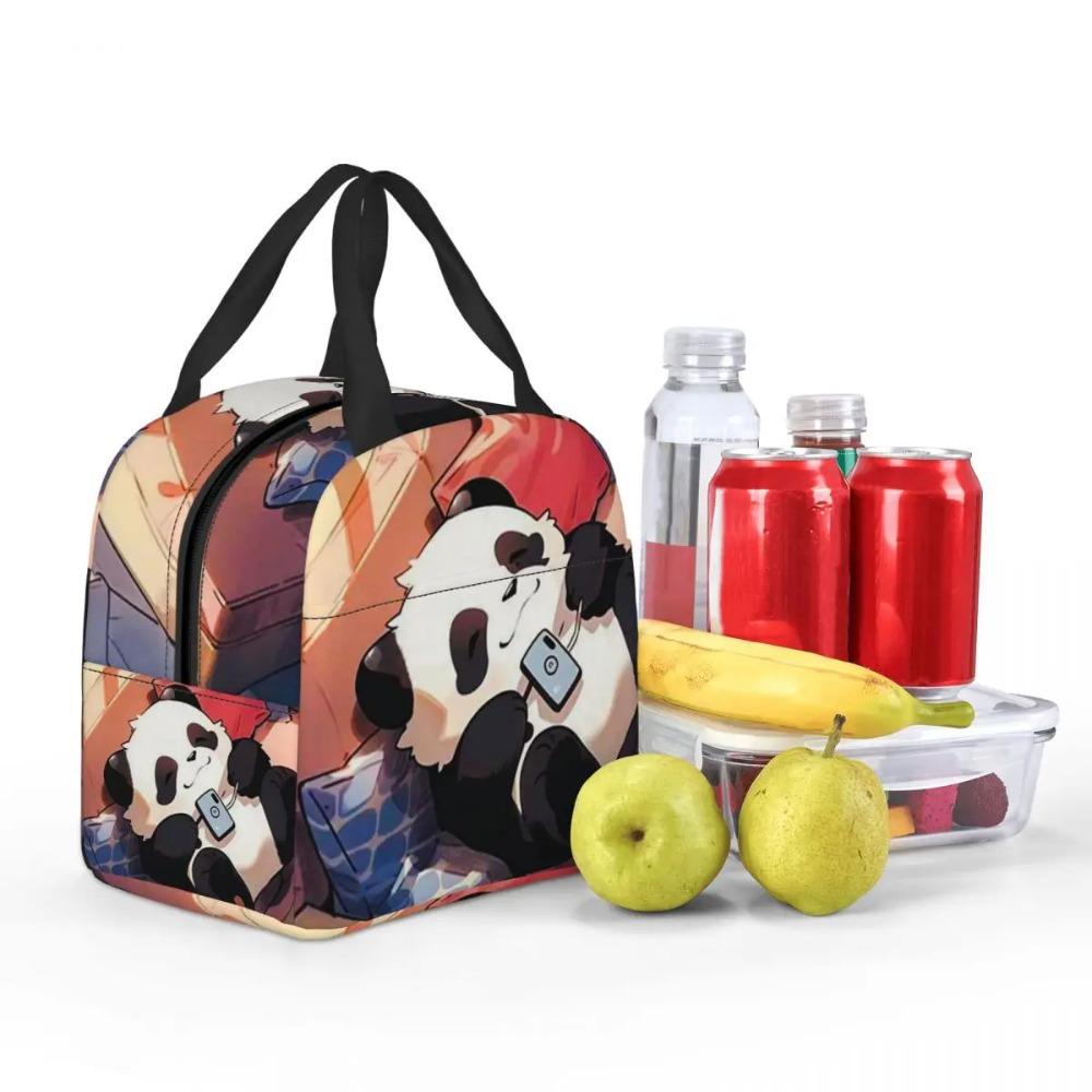 Cartoon Panda Playing With Mobile Phone Insulated Lunch Bag for Women Children Portable Food Boxes Thermal Lunch Box Tote