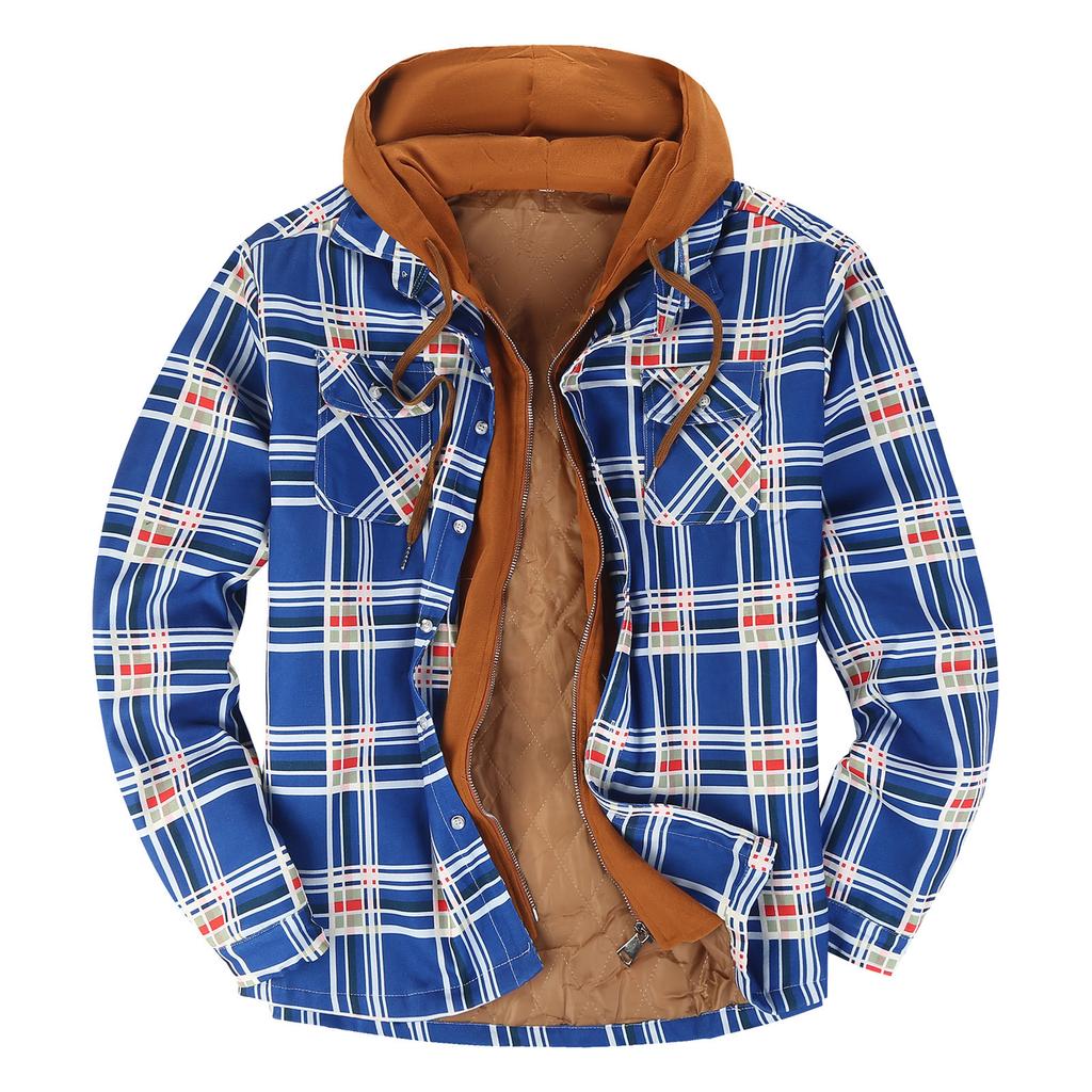 Men's Quilted Lined Button Down Plaid Shirt Add Velvet To Keep Warm Jacket With Hood