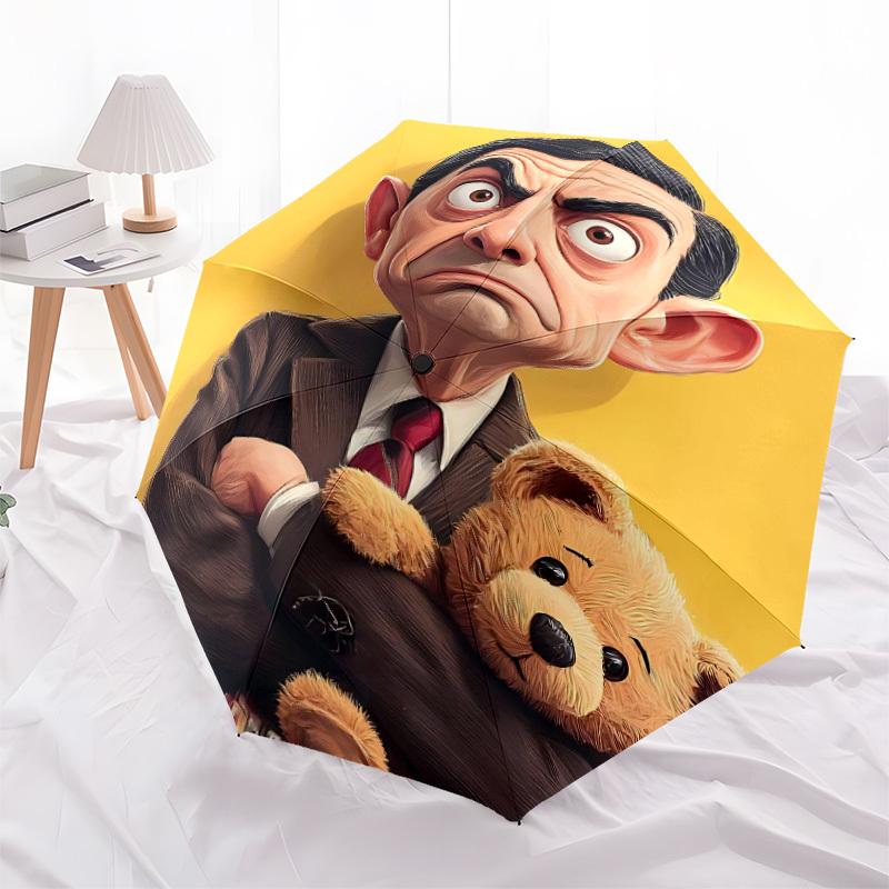 1PC Mr. Bean Automatic Folding Umbrella - Compact 8-Rib Design, Durable Plastic & Iron, Daily Use F010638