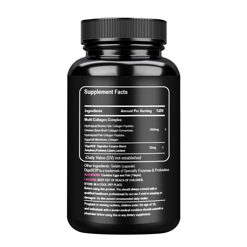 Collagen complex capsules containing hydrolyzed fish collagen peptides, 3300 mg, dietary supplement, suitable for adults.