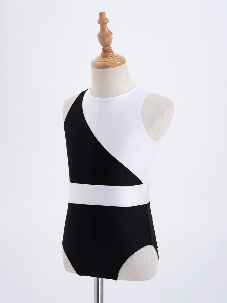 Сетчатый купальник для танцев в стиле пэчворк для девочек, без рукавов, с круглым вырезом и открытой спиной, контрастный цвет, гимнастический костюм