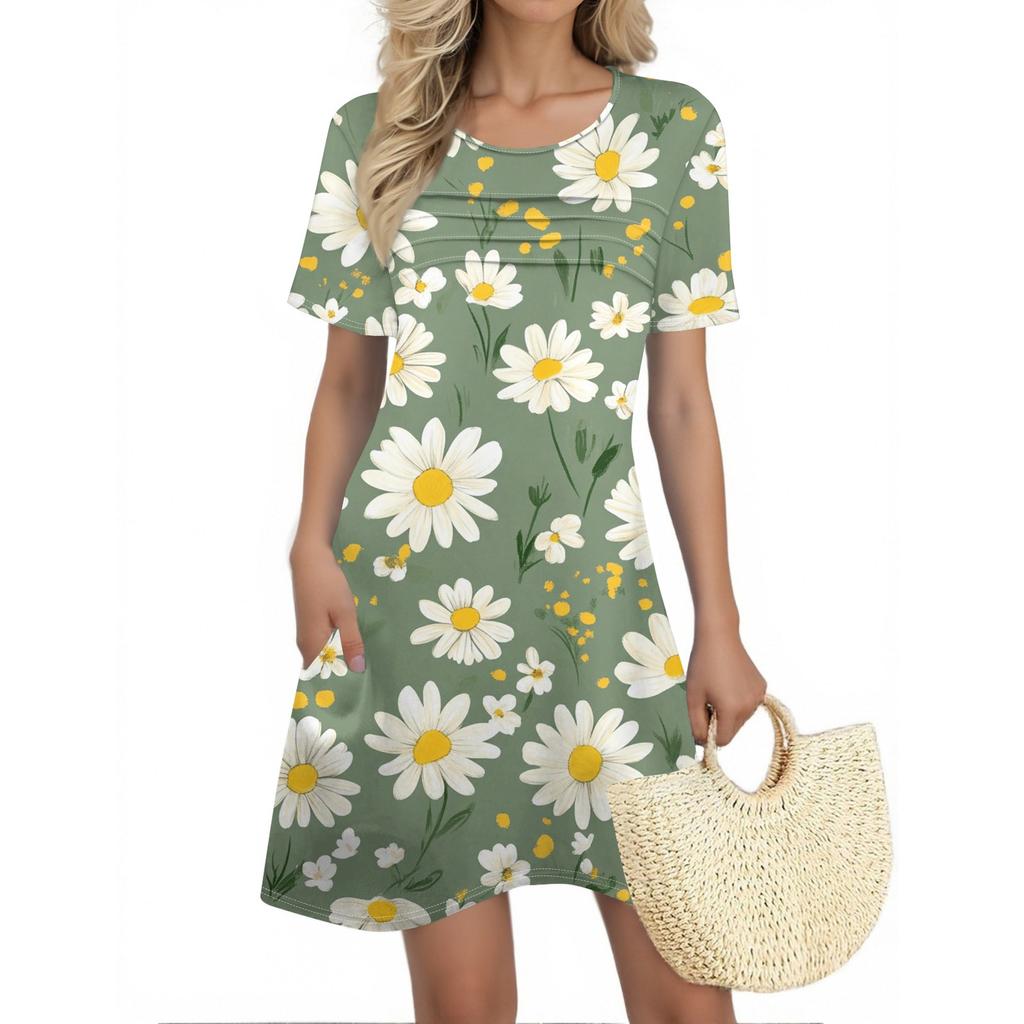 Женские летние платья Женские летние платья с цветочным принтом Повседневные платья с коротким рукавом и круглыми карманами