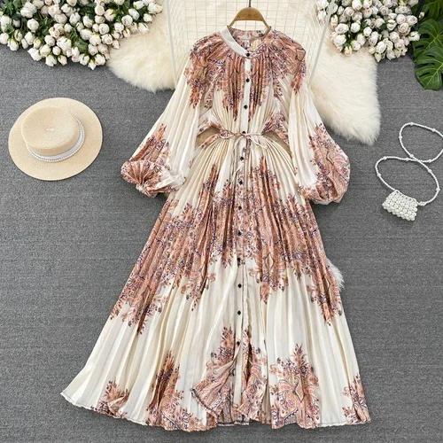 Платья Temperament Lantern Длинные рукава Круглый вырез Тонкий однобортный принтованное платье Элегантные винтажные шикарные женские платья