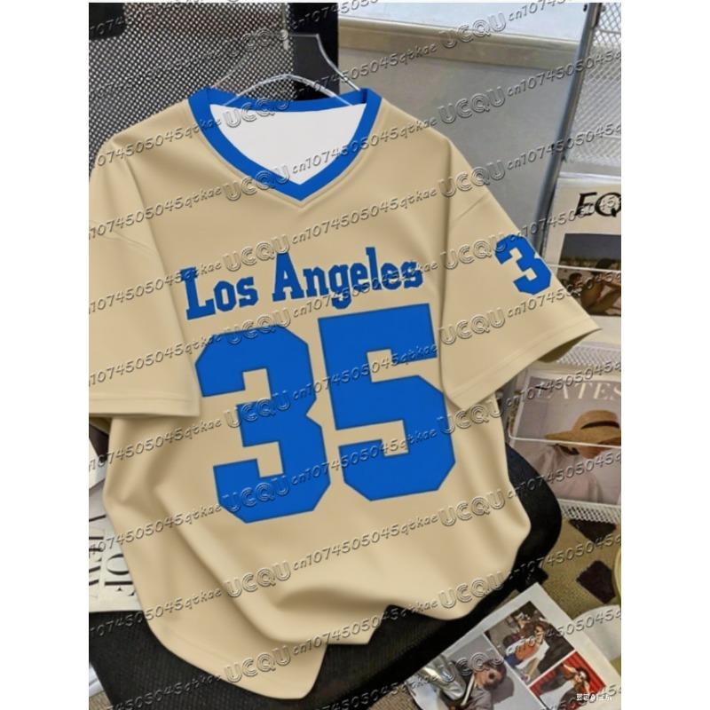 Summer Fashionable NO.35 Print Los Angeles V-Neck Women's Basic T-Shirt Loose and Comfortable Short Sleeve T-shirt Tops Tee