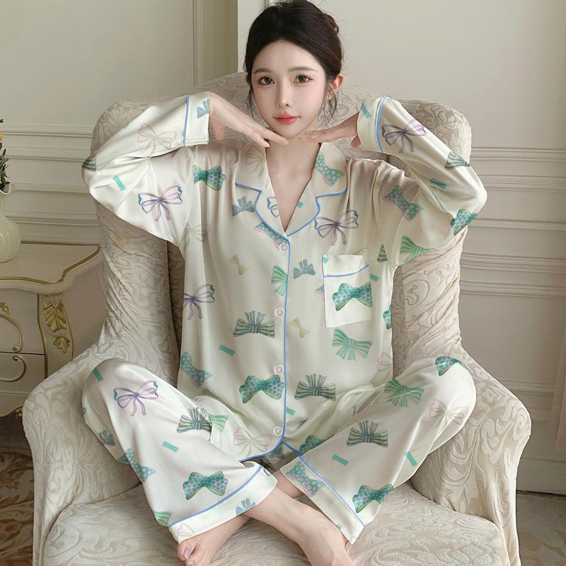 Sweet Bow Print Spring And Autumn Thin Long-Sleeved Suit Cardigan Pajamas Women'S Loungewear Can Be Worn Outside