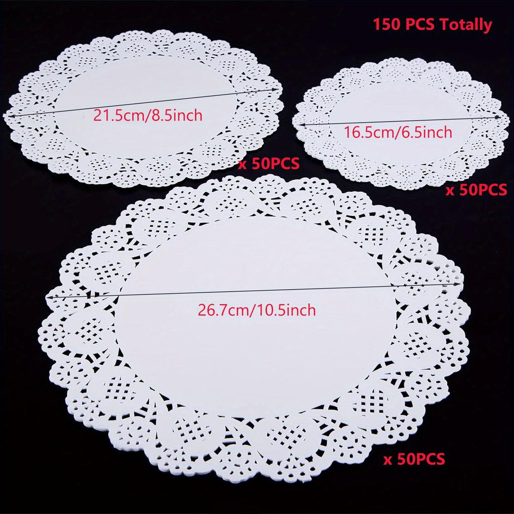 150pcs Paper Doilies Assorted Sizes Disposable Lace Paper Doilies For Tables, Round Paper Placemats Bulk For Cakes Desserts Crafts Suitable For Bakery