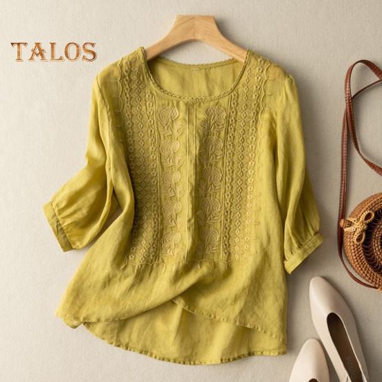 Женская рубашка с круглым вырезом и коротким рукавом, вышитый цветочный узор, топы, однотонная тонкая ретро-блузка, повседневная одежда