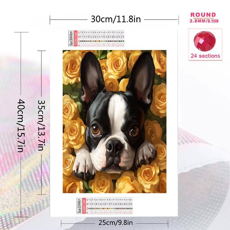 Boston Terrier and roses Pattern 3pcs 100% Round Full Drill 5D DIY Diamond Painting Embroidery Cross Stitch Rhinestone Décor