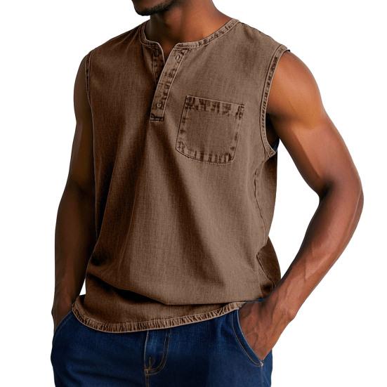 Men Tops Sleeveless Round Neck Buttons Half Placket Solid Color Camisole