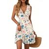 Women's Dress V-neck Sleeveless Casual Floral Print Hem Pleated Dress
