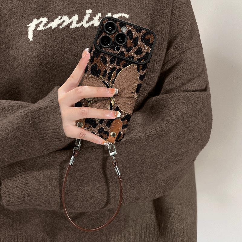 Vintage Leopard Butterfly Lanyard Phone Case for iPhone 11-17, Leather Texture Camera Protection Silicone Cover