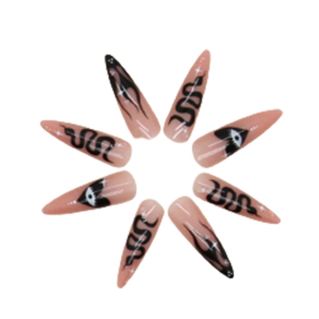 Cow-Stripes Long Almond Fake Nails INS Trendy Sweet Cool Patterns Nails for Manicure Lover Daily Home DIY
