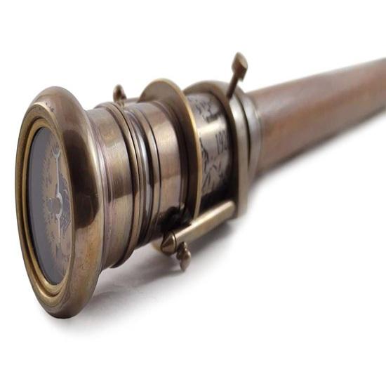 Brass Telescope Walking Stick Cane, Wooden Handle Compass, Antique Gift for Parents