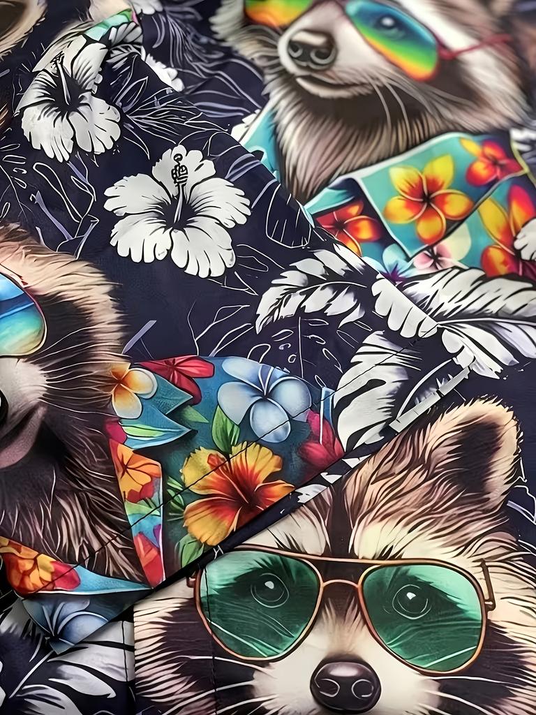 Men'S Colorful Raccoon Print Short-Sleeve Shirt, Suitable for Casual And Vacation Wear, Fashionable Top Available in Two Color Options, Plus Size