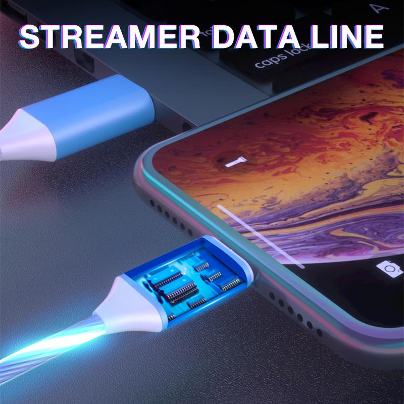 Glowing LED 3 IN 1 Cable For Samsung Xiaomi iPhone Flowing Streamer Light Fast Charger USB C Cord Luminous Type C Cable