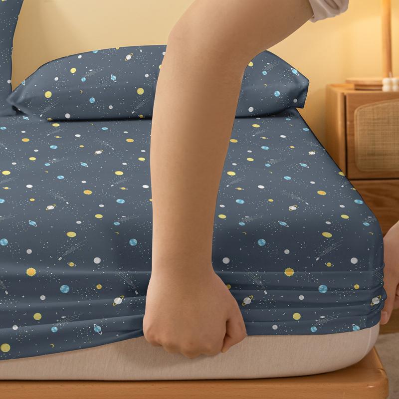 1 Simple Modern Outer Space Printed Matte Fitted Sheet, Bedroom Printed Bed Cover, Bedding (Excluding Pillowcases)