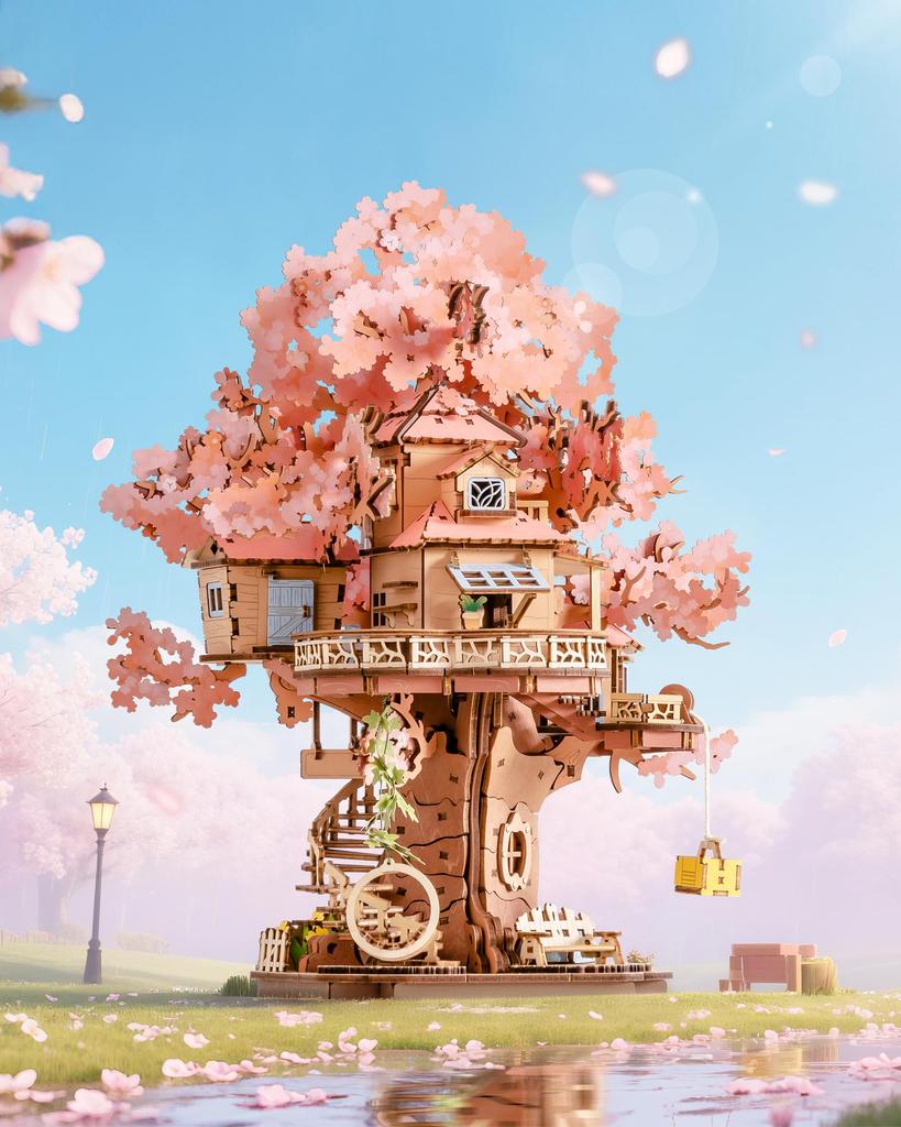 ROBOTIME 3D Wooden Puzzle, Cherry Blossom Tree House, Assembly Kit, DIY Craft, Mechanical Model, Japanese-Style Decor, Time-Killer, Educational Toy