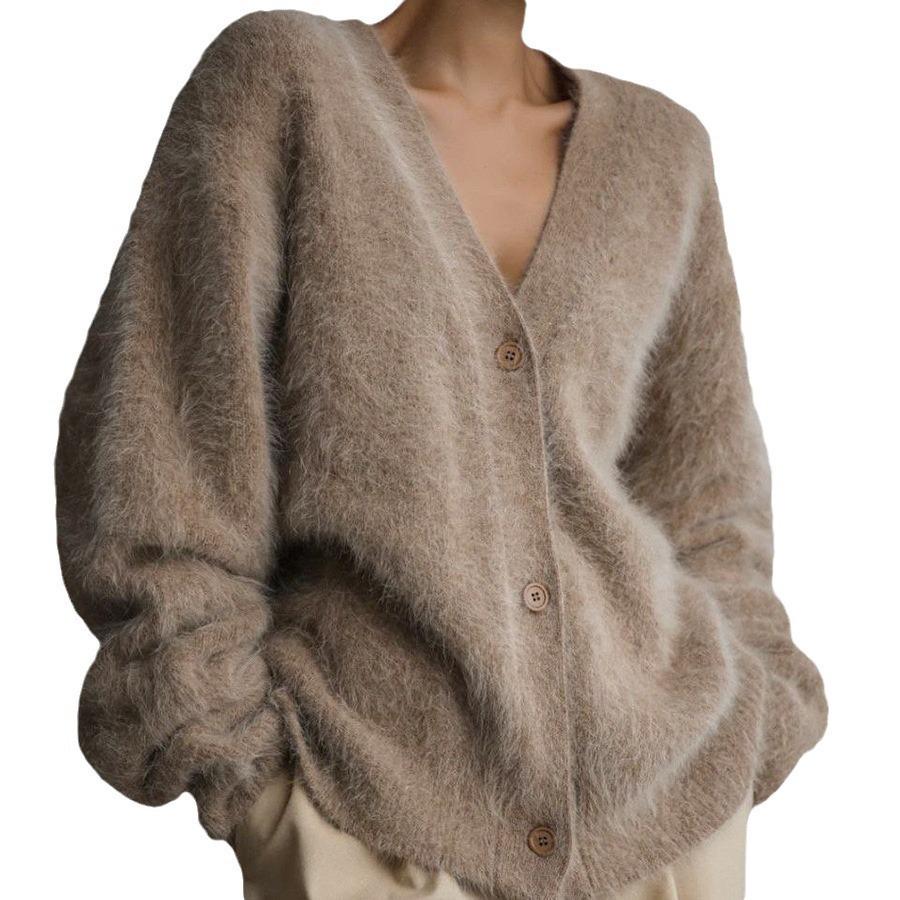 2025 Women's Loose Knit Imitation Mink Cardigan - Soft Long-Sleeve Spring & Autumn Sweater Coat
