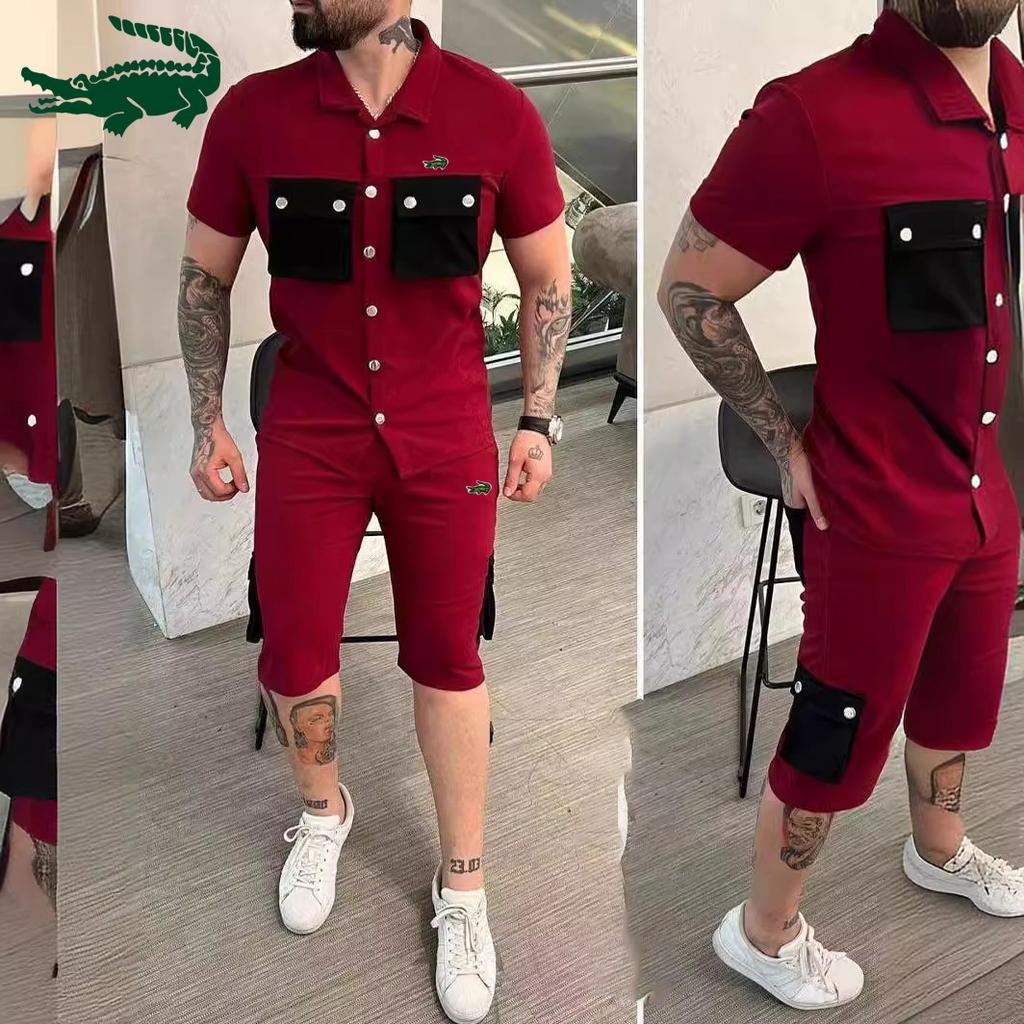 2024 весна/лето новая цветная мужская рубашка с вышивкой с коротким рукавом + шорты модный повседневный спортивный комплект