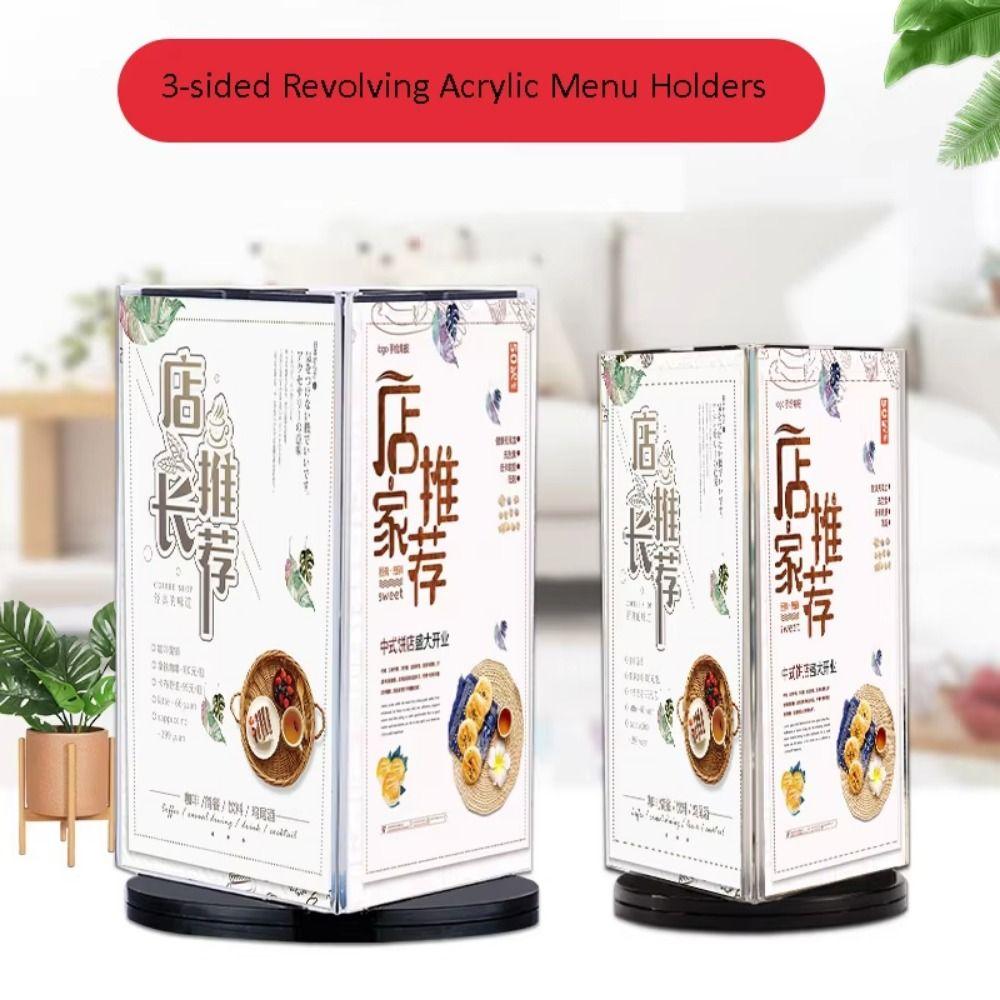 Three Side Menu Sign Holder 360 Degree Rotating Desktop Flyer Frame Restaurant