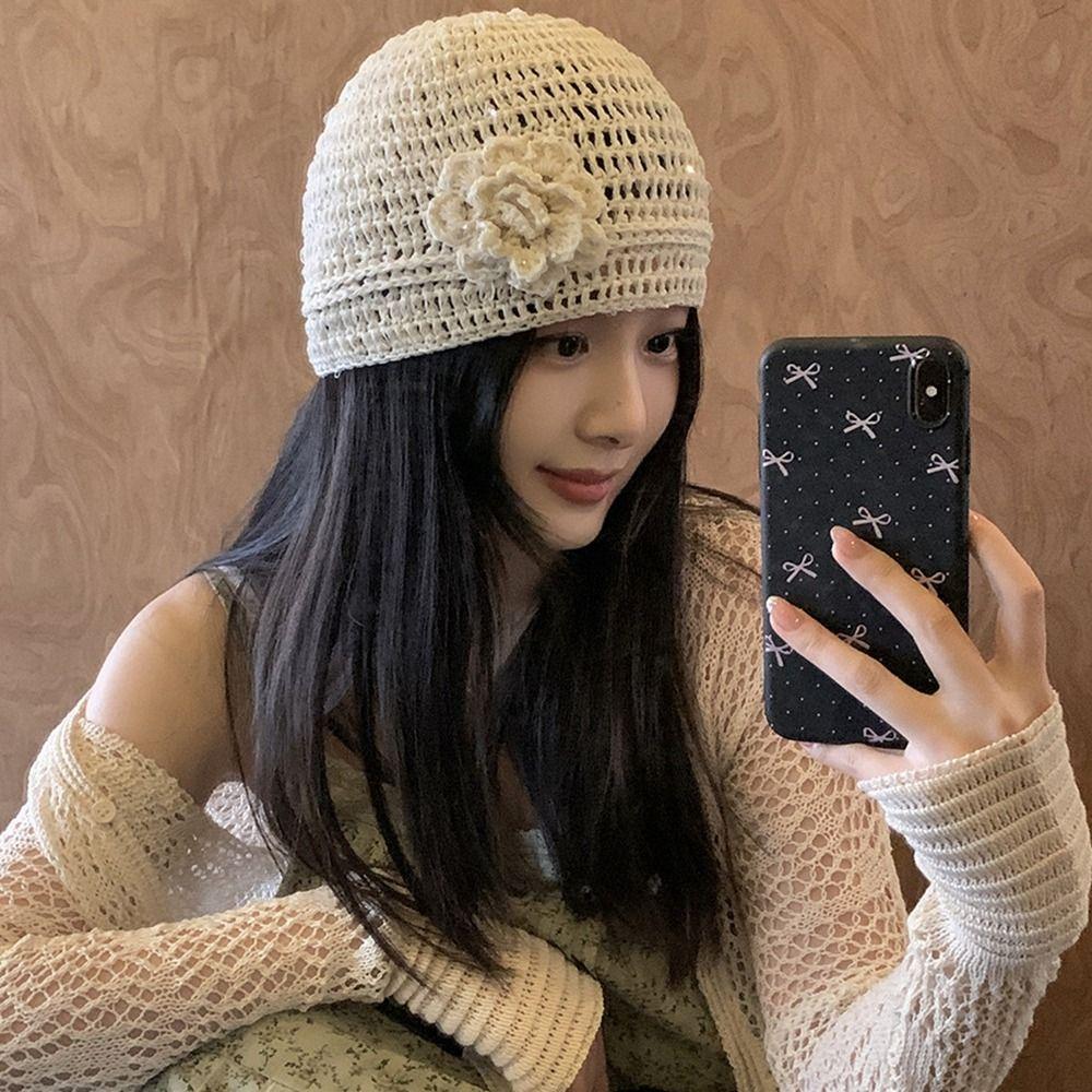 Handmade Crochet Flower Hat Glitter Weave Cap Cute Sequin Knitted Hat  Girls