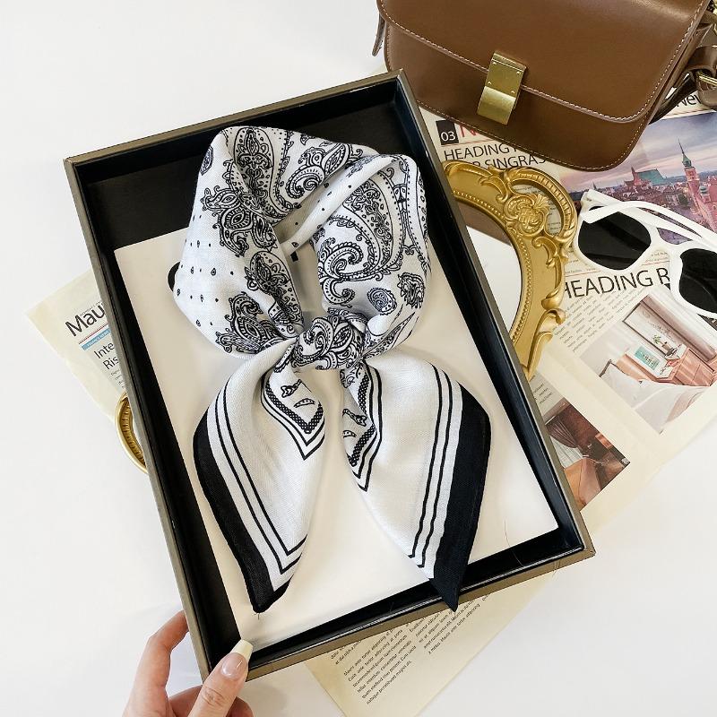 Classic Black White Paisley Printed Women Fashion Square Neck Scarf