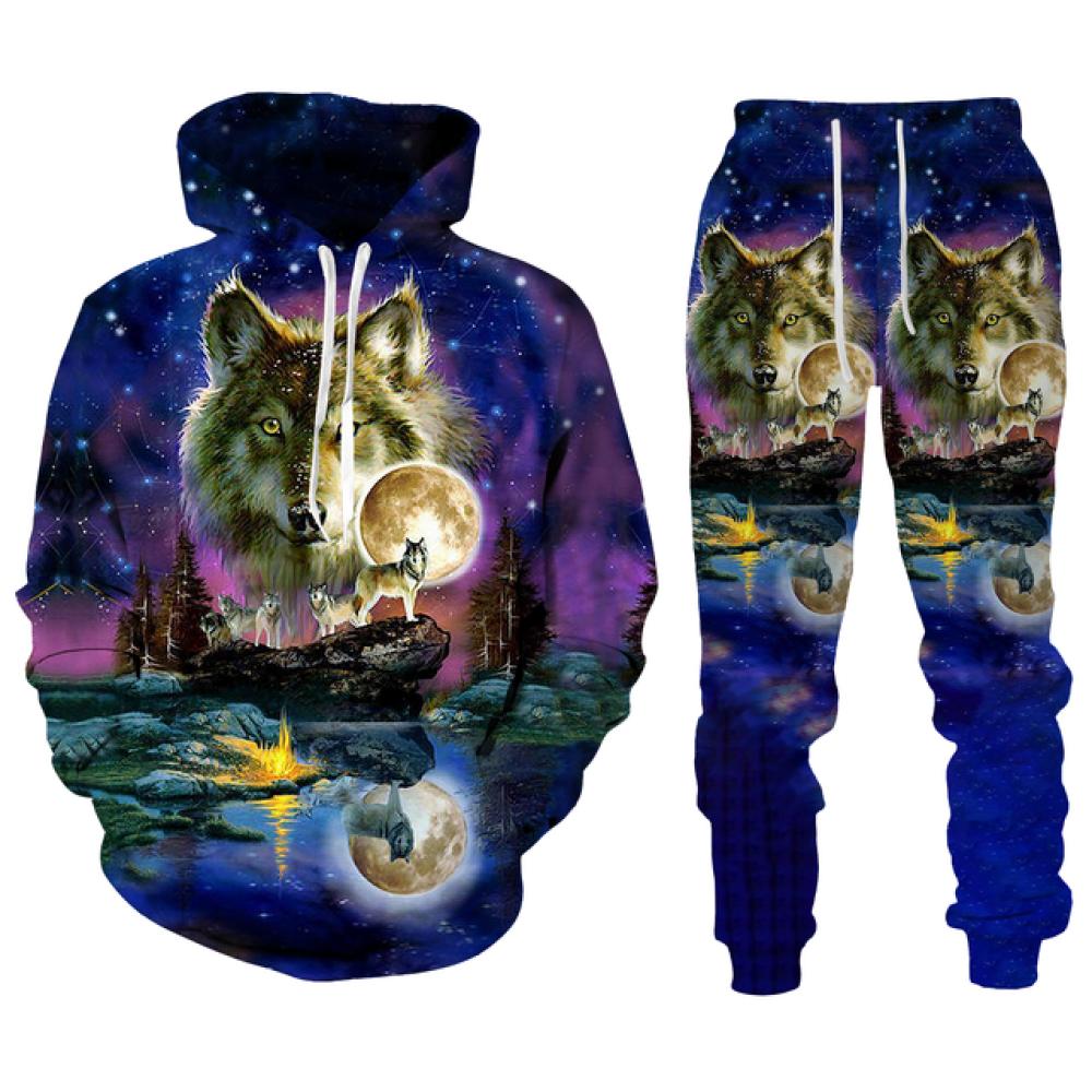 Модная уличная одежда, мужские комплекты, спортивные костюмы, новые мужские толстовки с принтом волка и спортивные штаны, костюм из двух предметов, повседневная мужская одежда с капюшоном