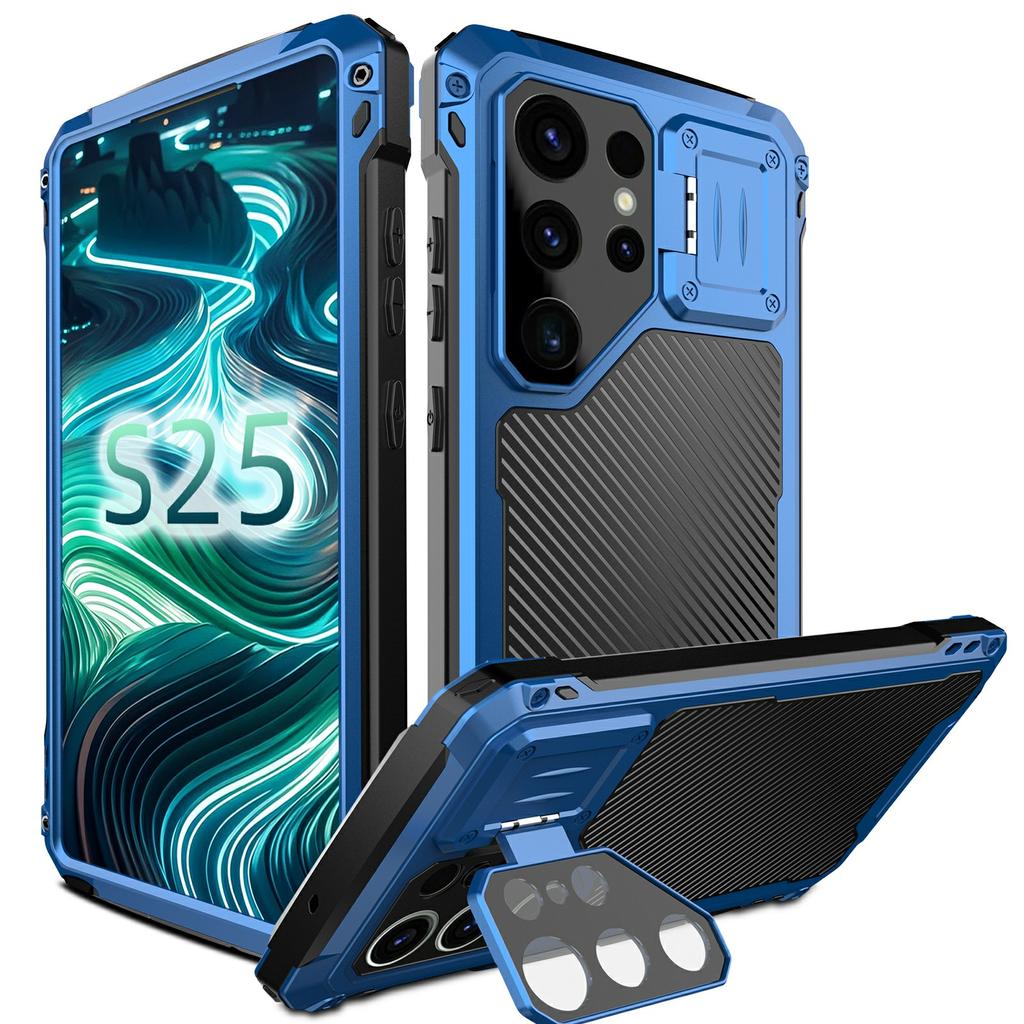 For Samsung Galaxy S25 Ultra Case Aluminum Alloy+Silicone Lens Kickstand Phone Cover with Tempered Glass Film