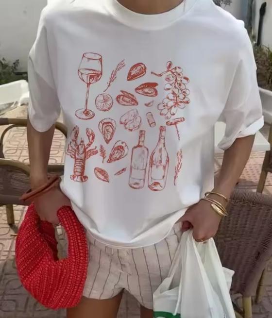 Summer American Ins Unisexs Retro Seafood Printing TShirt Trendy Retro Y2k Oyster Lobster Cute Loose Vacation Short Sleeve Top