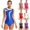 Womens Gymnastics Leotard Sleeveless Back Hollow Out Mesh Patchwork Rhinestone Bodysuit for Ballet Figure Skating