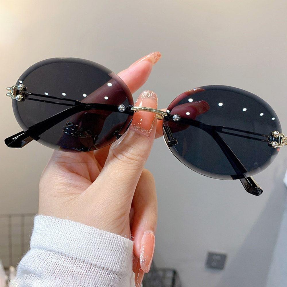 Rimless Oval Sunglasses Vintage Metal Punk Sun Glasses Trendy Frameless Shades Uv400 Protection Gradient Lens Glasses