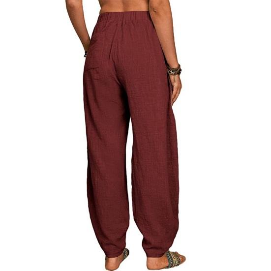 Women Casual Pants Elastic High Waist Solid Color Harem Pants with Pockets Loose